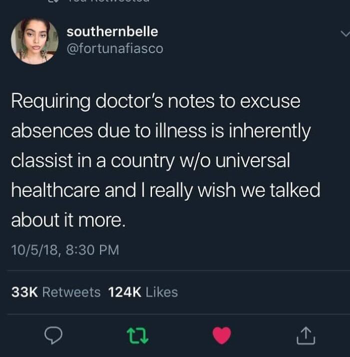 Tweet from Fight The Patriarchy page discussing classism in requiring doctor's notes for illness absences in healthcare context.
