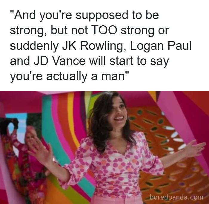 Woman in a pink patterned blouse smiling with arms open, highlighting fight the patriarchy memes about strength and gender norms.