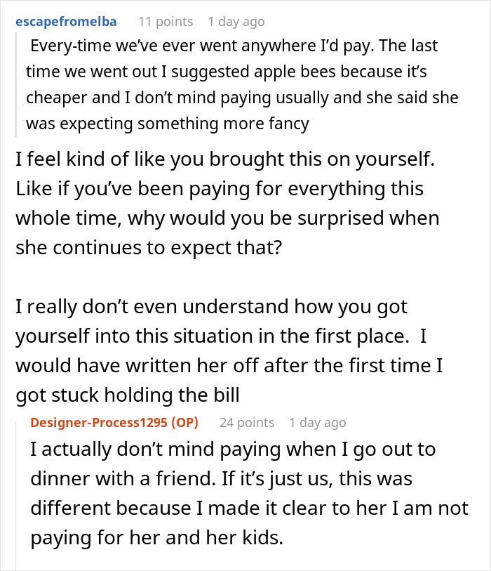 Screenshot of an online discussion where a woman realizes she got duped by a friend who &ldquo;forgot&rdquo; her wallet and never thanked her.