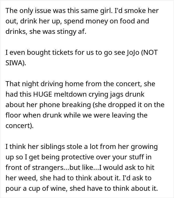 Text excerpt showing a woman&rsquo;s experience with a stingy friend who caused drama and emotional stress after a concert.