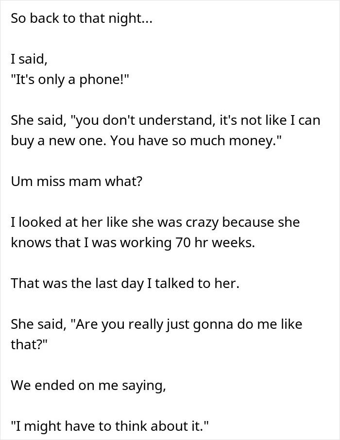 Text conversation showing a woman realizing she got duped by a friend who forgot her wallet and didn't say thank you.