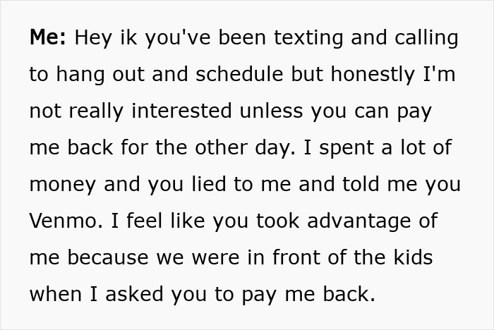 Text message showing a woman confronting a friend about being duped after lending money and not receiving thanks.