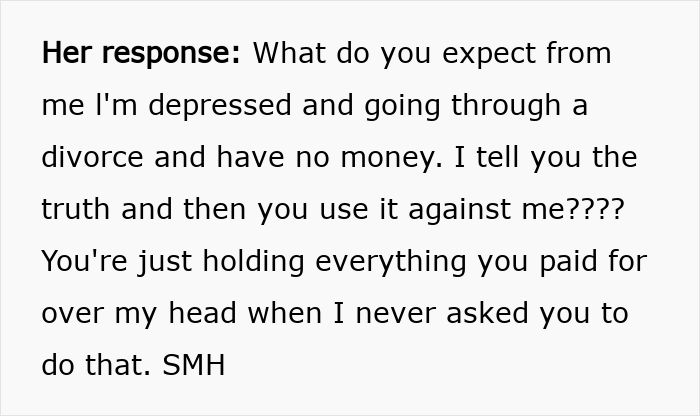 Alt text: Text message showing woman&rsquo;s response about being duped by a friend who forgot her wallet and never said thank you