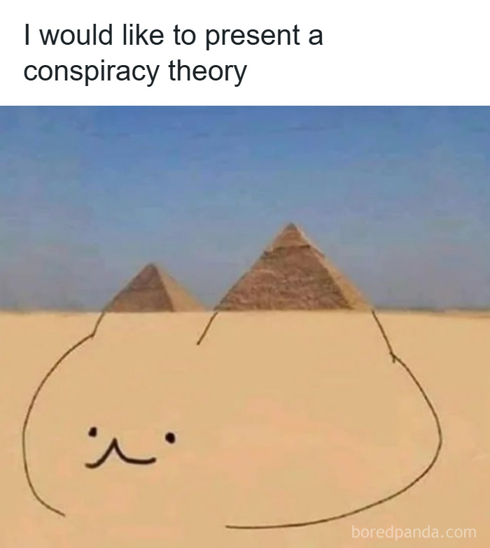 Cat meme with pyramids forming cat ears and a simple cat face drawn over the desert, presenting a funny conspiracy theory.