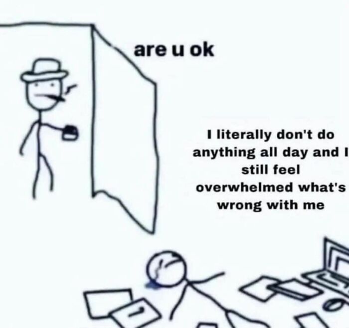 Simple cartoon meme showing a person asking if another is okay with relatable anxiety coping feelings.