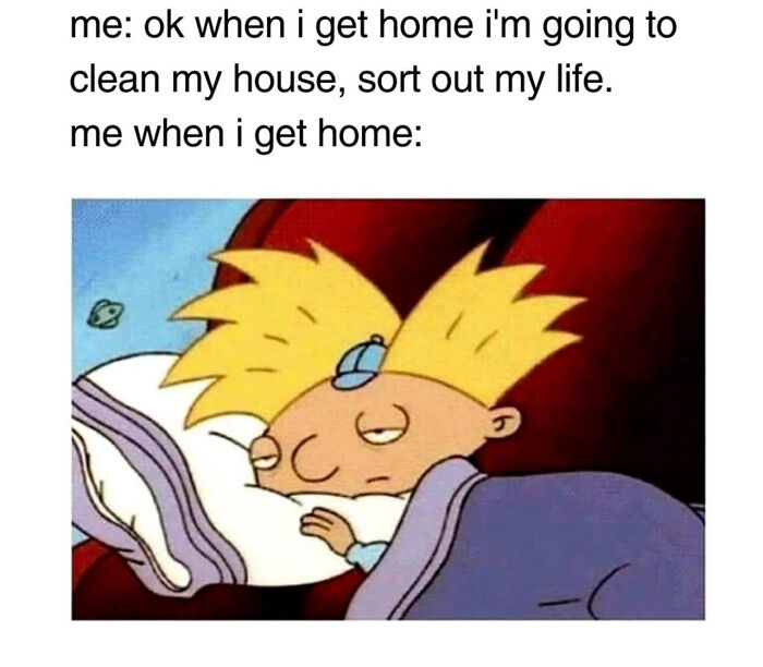 Tired cartoon character lying in bed illustrating relatable meme about anxiety and procrastination at home.