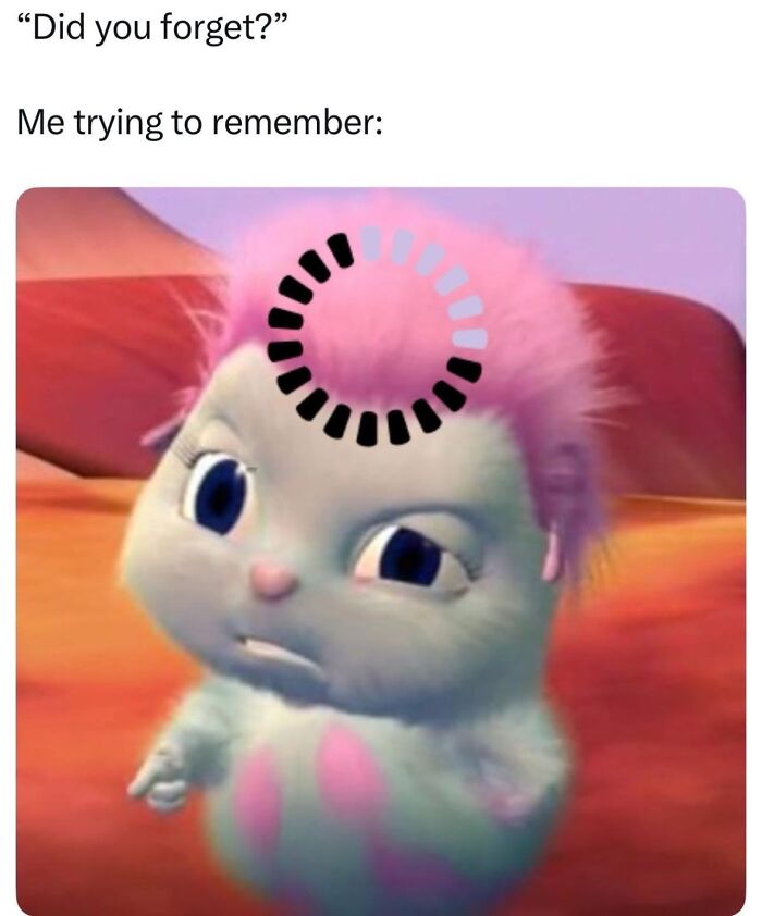 Animated character with confused expression and loading symbol on head, illustrating relatable memes coping with anxiety.