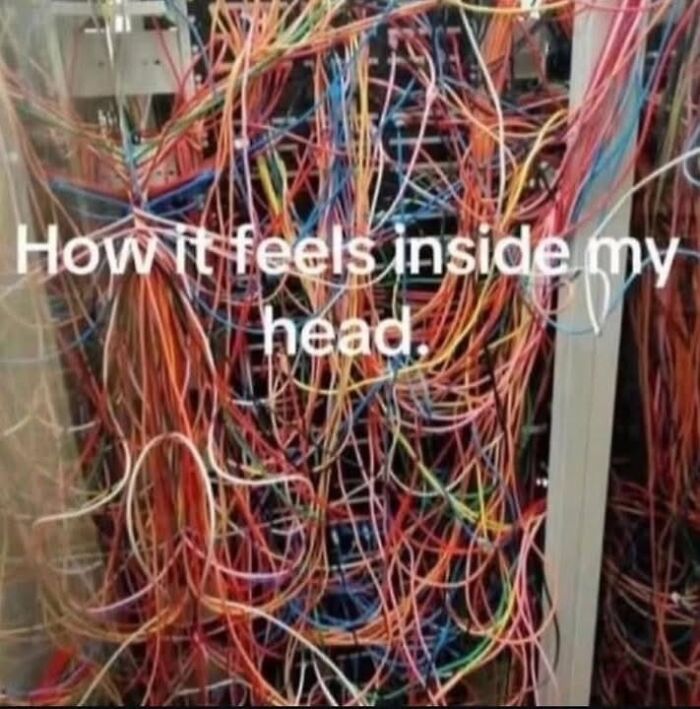 Tangled colorful cables illustrating the chaotic feeling inside the head, relatable to anxiety and stress memes.