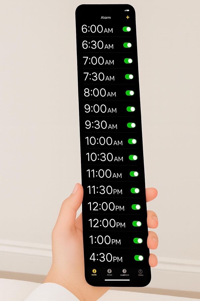 Hand holding a phone screen showing multiple alarm times turned on, illustrating anxiety-related humor with many reminders.