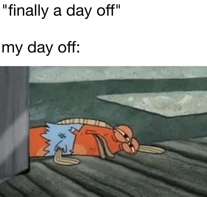 Cartoon character lying exhausted on the floor humorously illustrating relatable memes to help cope with anxiety.