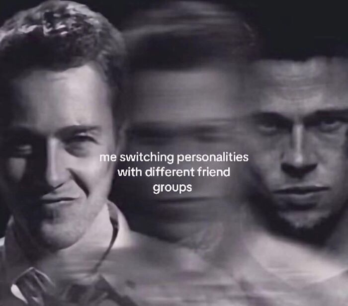 Black and white image of a man’s changing faces illustrating switching personalities, relatable memes about coping with anxiety.