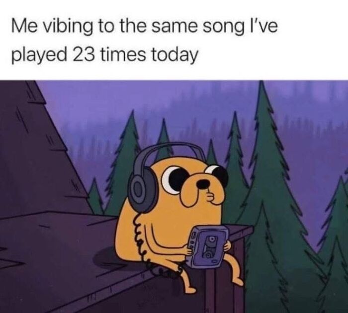 Cartoon dog wearing headphones, listening to music repeatedly, capturing a relatable moment about anxiety coping memes.
