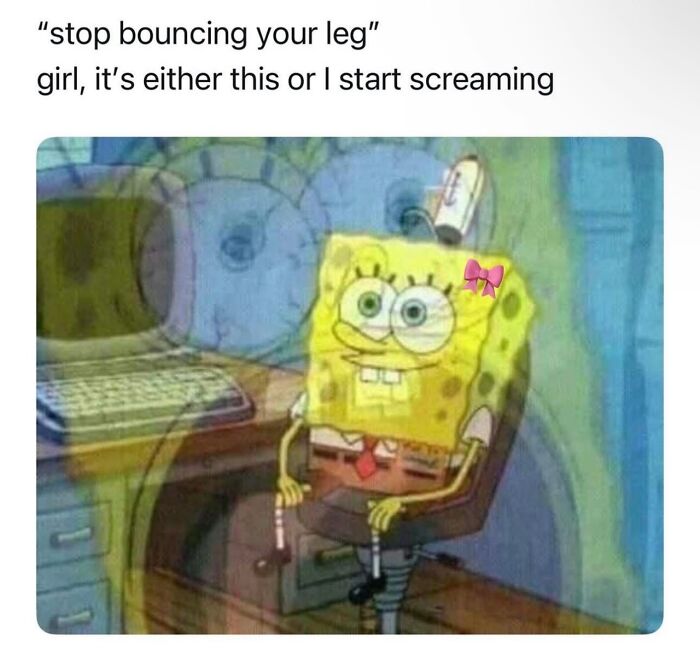 SpongeBob meme showing anxiety with blurred motion, highlighting relatable coping mechanisms for anxiety relief.
