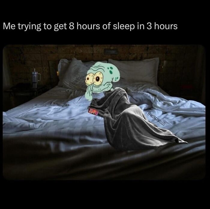 Personified anxiety depicted as Squidward trying to sleep with a phone in bed, illustrating relatable anxiety memes.