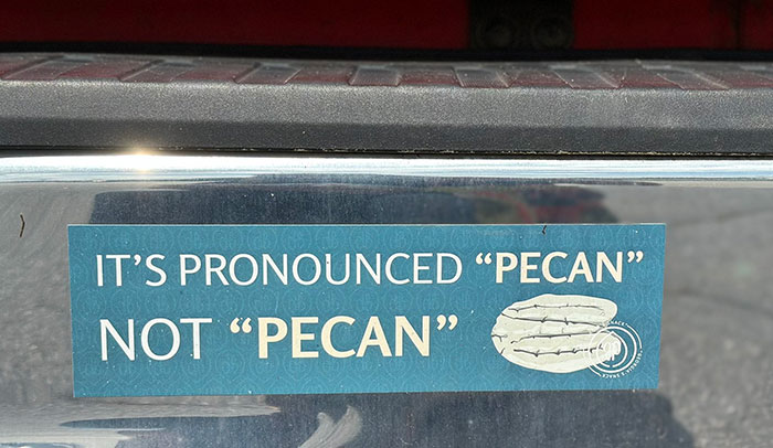 Bumper sticker with a humorous message about the pronunciation of pecan on a car bumper, snapped on the road.