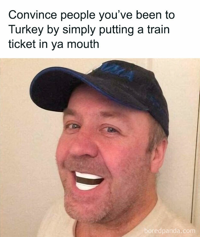 Man wearing a cap with a train ticket in his mouth, a humorous meme for daily memes to laugh at.