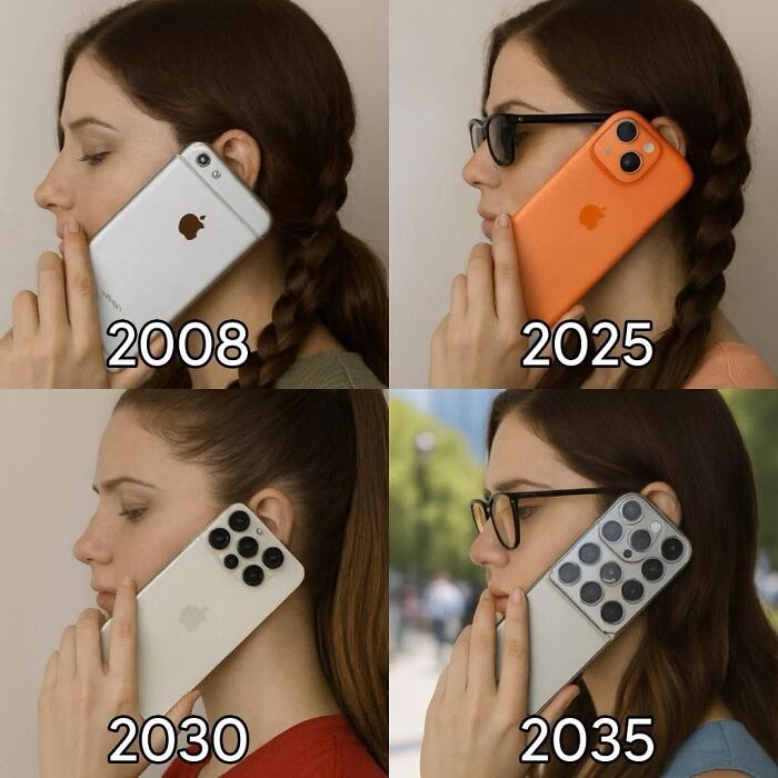 Woman holding oversized iPhones with increasing camera lenses in memes illustrating future phone trends for meme lovers to laugh at.
