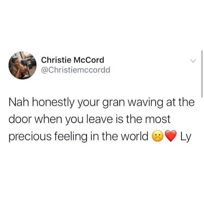 A heartfelt meme about your gran waving goodbye, capturing the precious feeling to laugh at in daily meme moments.