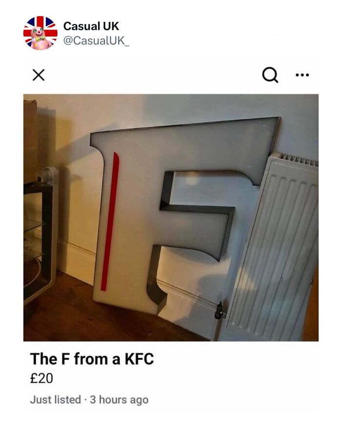 Large letter F from a KFC sign leaning against a wall, featured in a popular meme for laughs and humor.