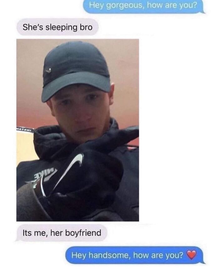 Text message meme showing a man in a cap and gloves claiming to be a boyfriend in a humorous conversation.