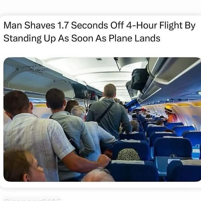 Passengers standing and waiting to exit a plane, featured in a meme for laughs and memes.