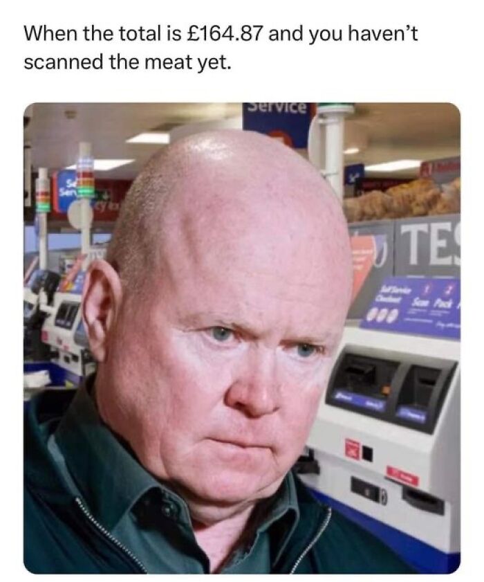 Man with serious expression at supermarket checkout, meme reflecting relatable shopping moment in funny meme collection.