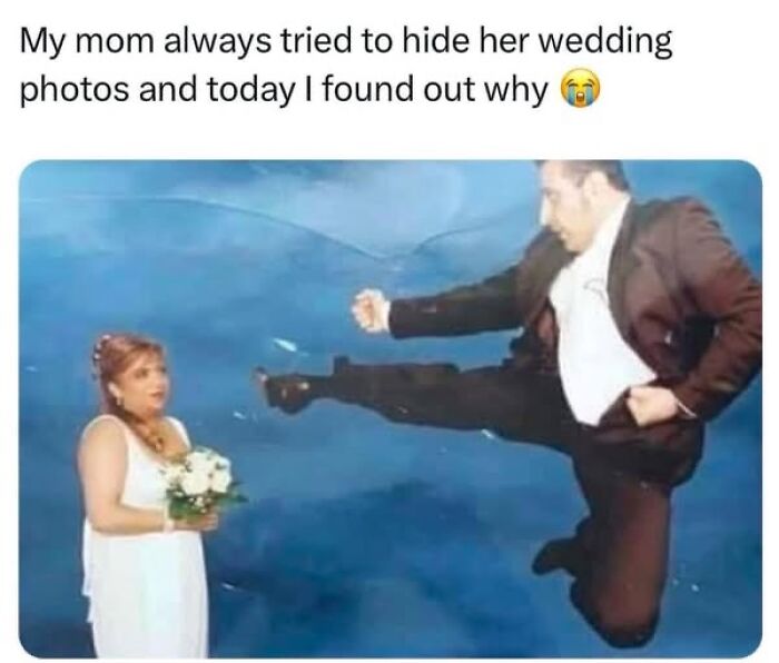 Wedding photo meme showing a groom kick frozen in mid-air toward a bride holding flowers humor in memes for laughs.