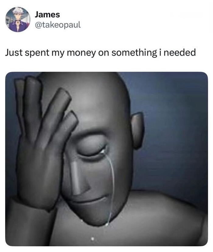 A meme showing a crying 3D figure with hand on face, captioned about spending money on something needed, for meme laughter.