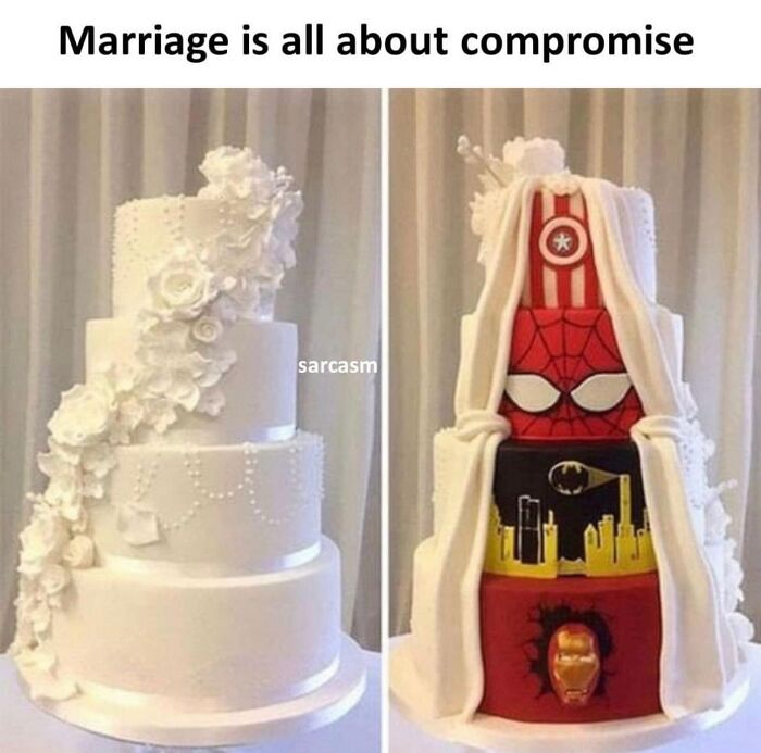 A creative meme showing a wedding cake with superhero designs, capturing the humor in marriage compromise.