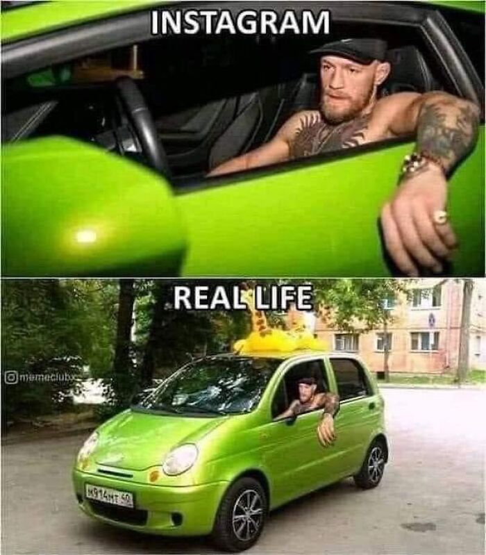 Meme contrasting Instagram glamor with real life, featuring a man in a green car, highlighting funny meme culture.