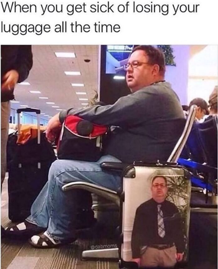Man sitting at airport with suitcase that has his face on it, captured in a funny meme about losing luggage often.