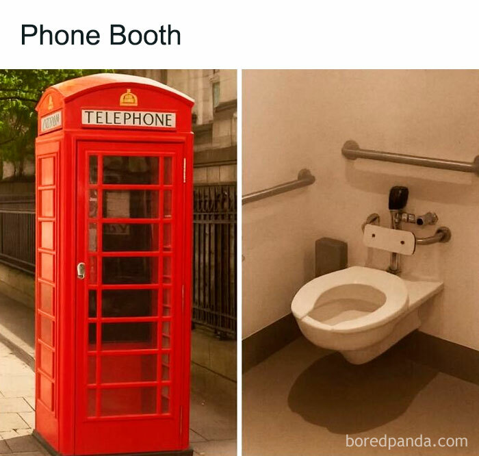 Side-by-side comparison of a classic red telephone booth and a toilet labeled as a phone booth meme for laughs.