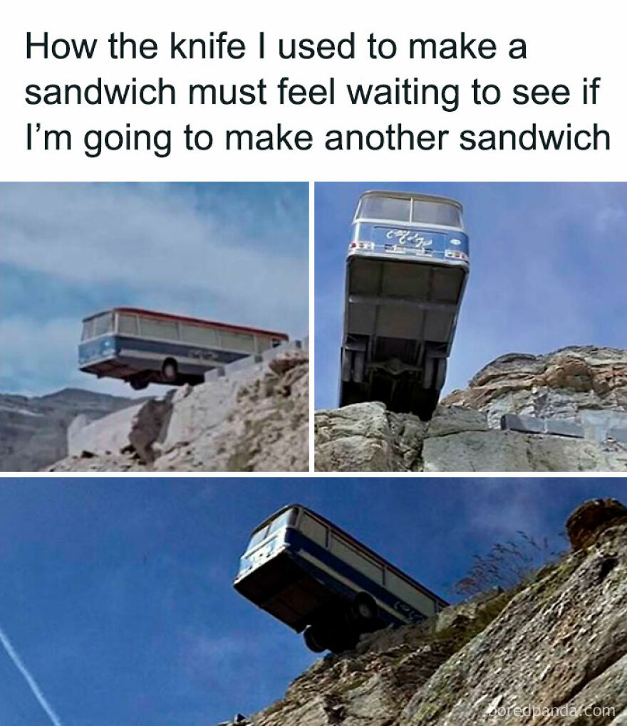 Meme showing a bus hanging off a cliff representing a knife waiting for another sandwich dad joke meme.