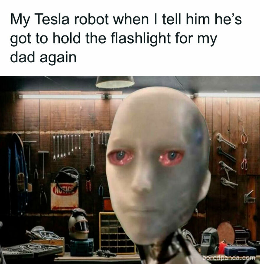 Robot with red eyes in a workshop meme illustrating dad jokes and humor about dads being all the same person.