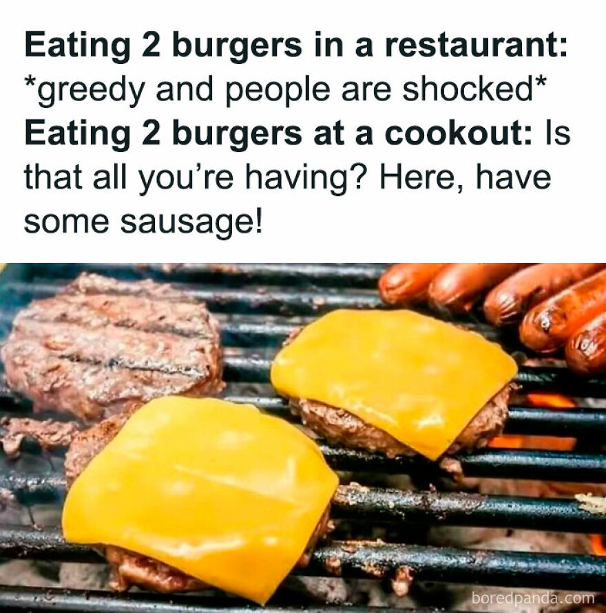 Grilled cheeseburgers and sausages on a barbecue grill illustrating dad jokes and memes about dads being all the same person.