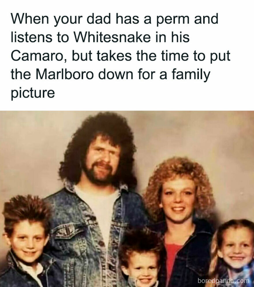 Vintage family photo of a dad with a perm and denim jacket, showcasing classic dad style in memes and jokes about dads.