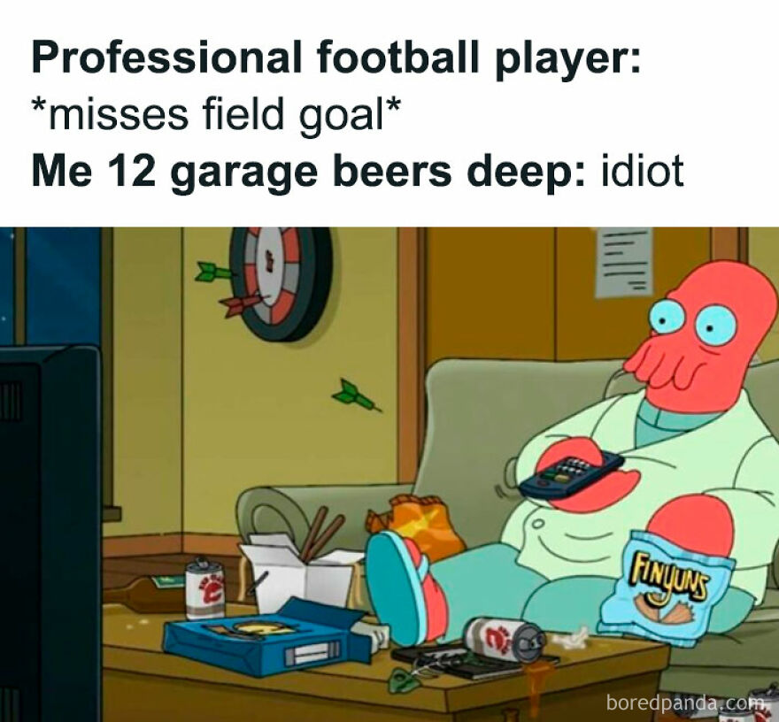 Cartoon character lounging with snacks and drinks, illustrating funny dad memes and jokes about dads being all the same person.