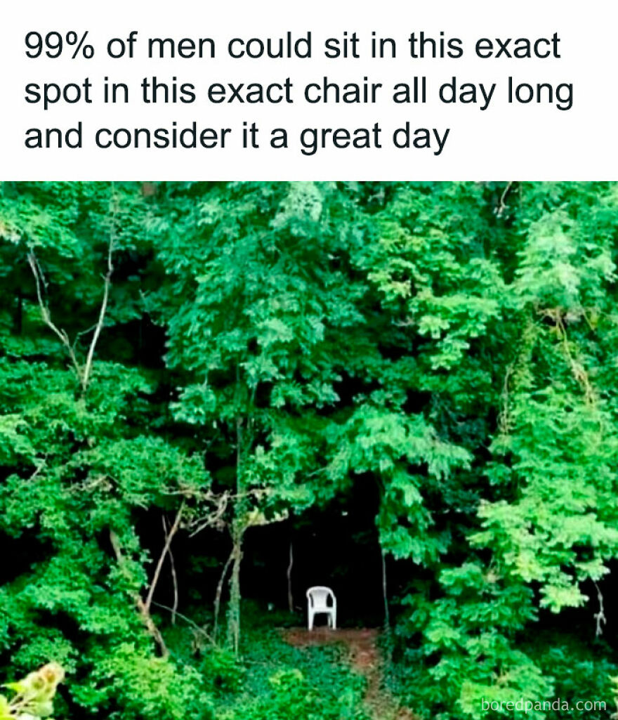 Plastic chair in a forest clearing with text about dads and men sitting in the same spot all day, dad memes and jokes.