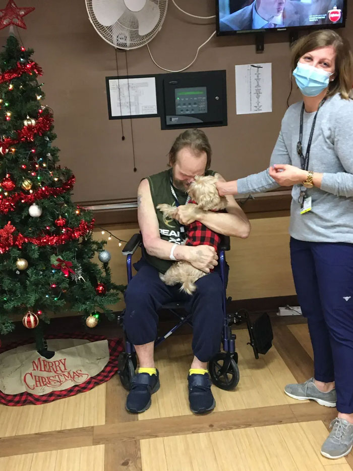 Patient in wheelchair hugging a dog near Christmas tree while a masked doctor smiles, showing wholesome doctor-patient moments.