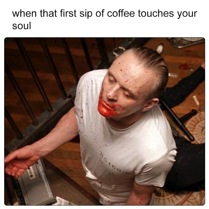 Man with blood on face and shirt in a horror scene, illustrating a hilarious horror movie meme about coffee.