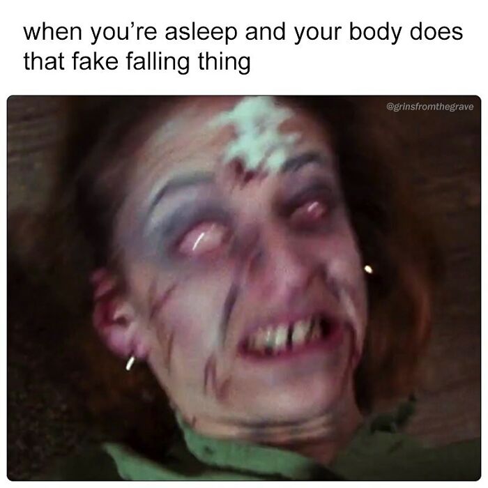 Blurry horror movie character with pale face and white eyes illustrating a fake falling sensation while asleep in horror movie memes.