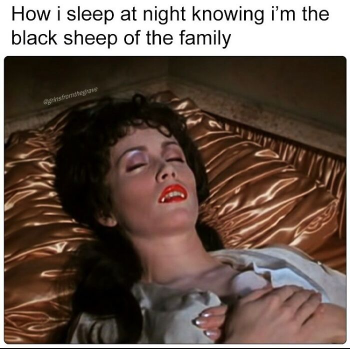 Woman with red lipstick peacefully sleeping in coffin meme, showcasing hilarious horror movie memes for laughs and fright.