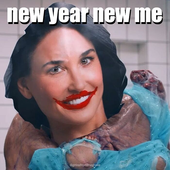 Hilarious horror movie meme showing a distorted smiling face with red lipstick and text new year new me.