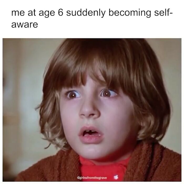 Child with shocked expression representing self-awareness, featured in a hilarious horror movie meme to evoke laughter and fright.
