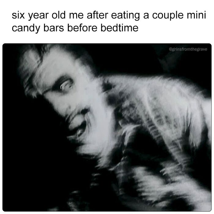 Blurry black and white scary skeleton meme illustrating sugar rush fear in hilarious horror movie memes collection.