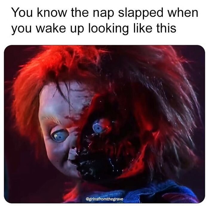 Close-up of horror movie doll with partially burnt face, highlighting hilarious horror movie memes that blend scares and laughs.