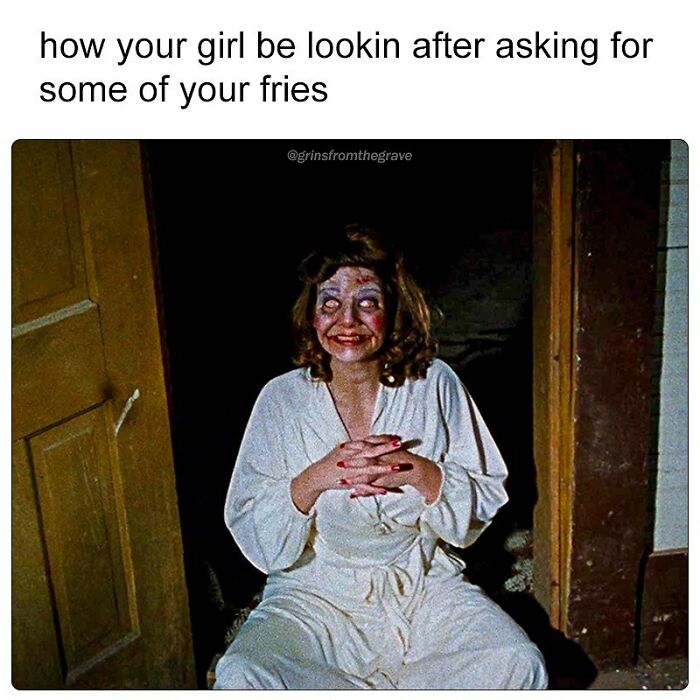 Woman in vintage white dress with eerie face makeup sitting on floor in a horror movie meme about asking for fries.