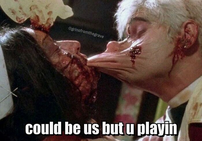 Graphic horror movie scene with distorted faces and blood, featured in hilarious horror movie memes collection.