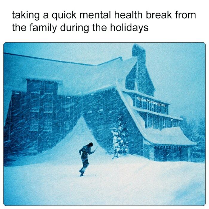 Person walking through heavy snow in front of a large house, illustrating a mental health break in horror movie memes.