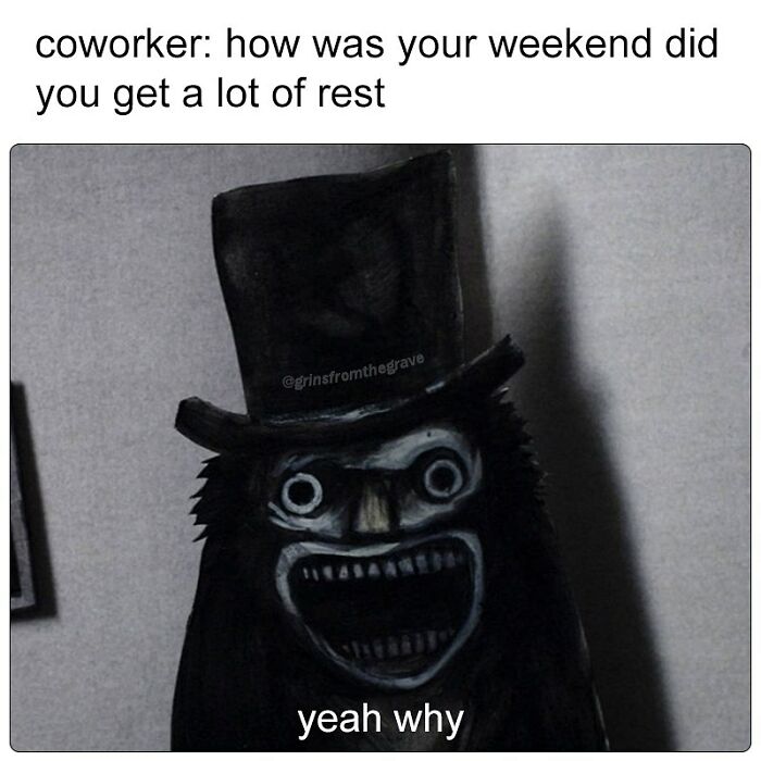 Creepy character in a top hat with wide eyes and grin in a horror movie meme about sleep and rest.